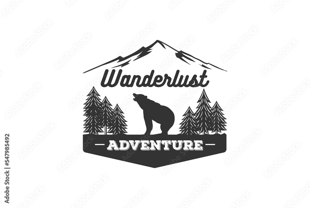 Vintage adventure hand drawn label design. Definition of wanderlust sign and outdoor activity symbols mountains forest bear Retro style Isolated on white background Vector letterpress effect