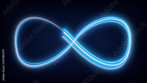 Infinity symbol appears of multiple glowing lines on black background from many lines. Lines draw moving infinity sign. neon style motion line 3d rendering