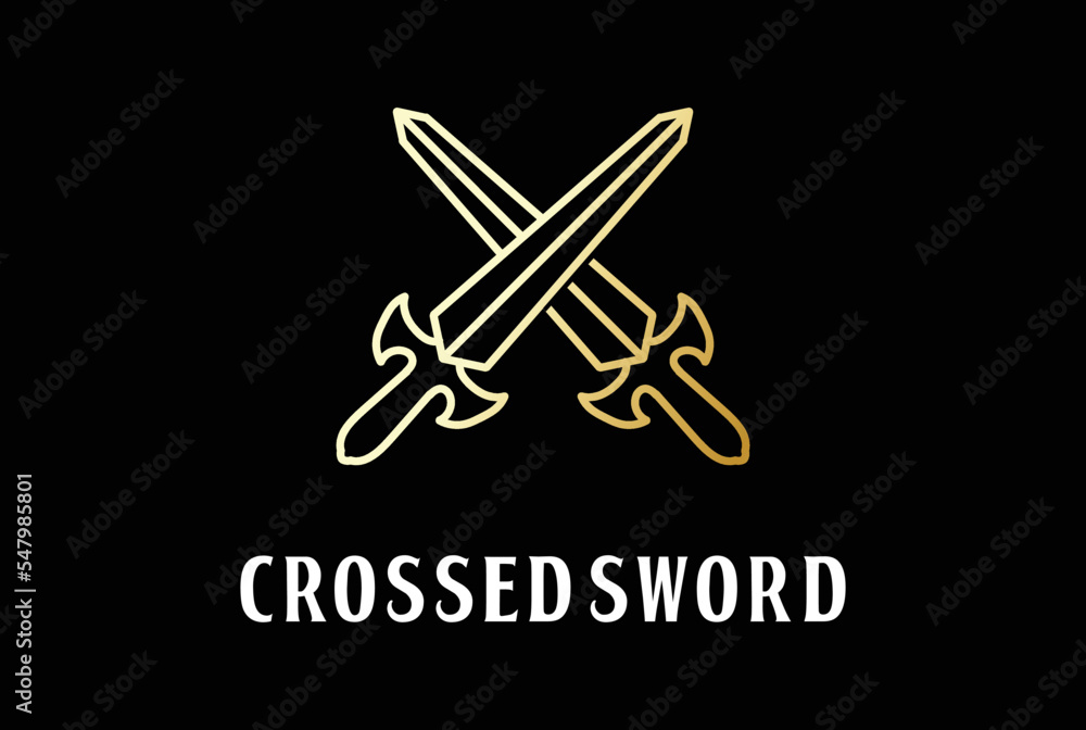 Ancient Golden Crossed Sword for War Battle Game Logo Design Vector
