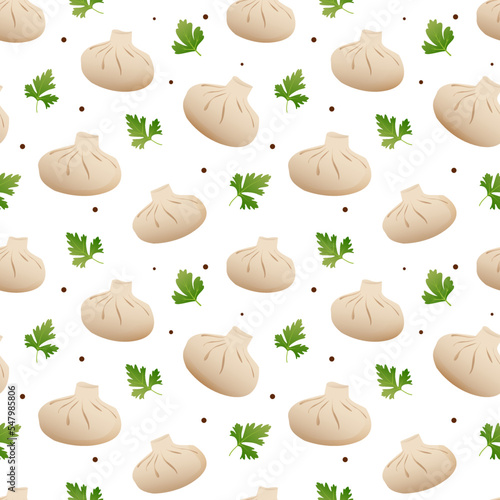 seamless pattern khinkali or baozi with parsley and peppercorns. vector illustration