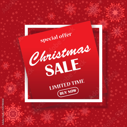 Christmas sale banner in a white frame with snowflakes in the background. Template for commerce, promotion and advertising