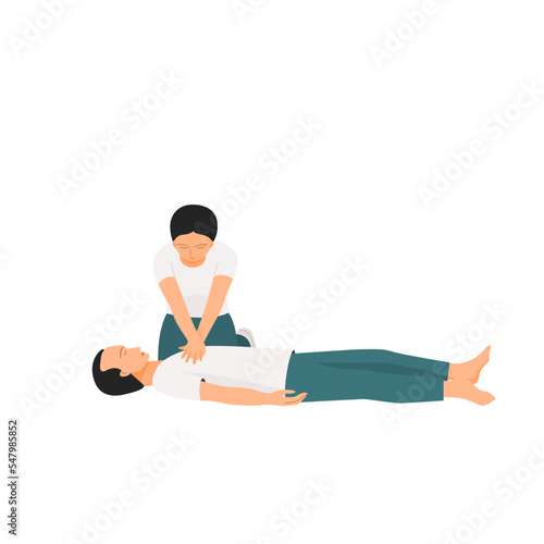 Chest Compressions in cardiopulmonary resuscitation (CPR) emergency rescue process on human heart attack, flat vector illustration.