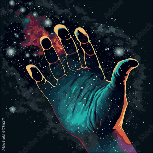Hand reaching for the stars vector art concept. Dreaming of achieving your goal. Symbol of hope. Simple motivation design. Space with planets. Hoping for success. Cosmic sign. Stargazing the galaxy