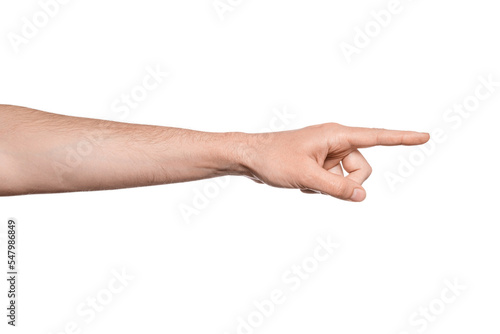 Photos Close-up of man's hand pointing finger at empty space for text, copy space