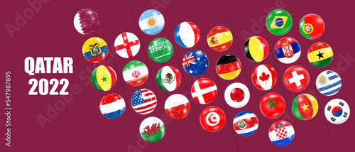 Sports banner design.Soccer balls with flags of the participating countries.The concept of football 2022 in Qatar.