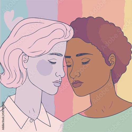 Two women in love. Vector art of interracial lesbian romantic relation. LBTQ+ people. Modern couple. Homosexual women. Beautiful cute people about to kiss.Flat vector design. Pride month. Inclusion.