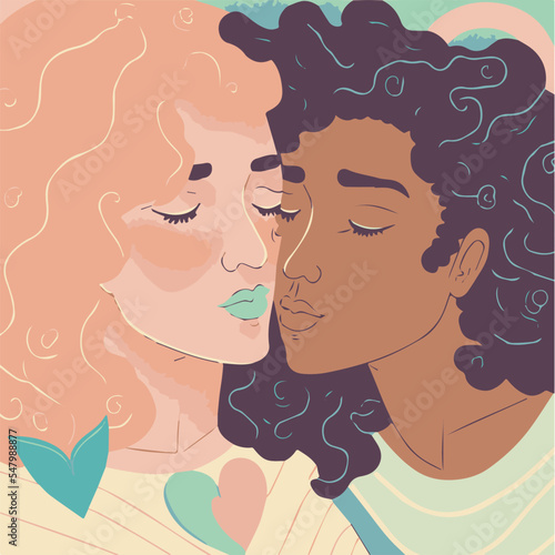 Two women in love. Vector art of interracial lesbian romantic relation. LBTQ+ people. Modern couple. Homosexual women. Beautiful cute people about to kiss.Flat vector design. Pride month. Inclusion.