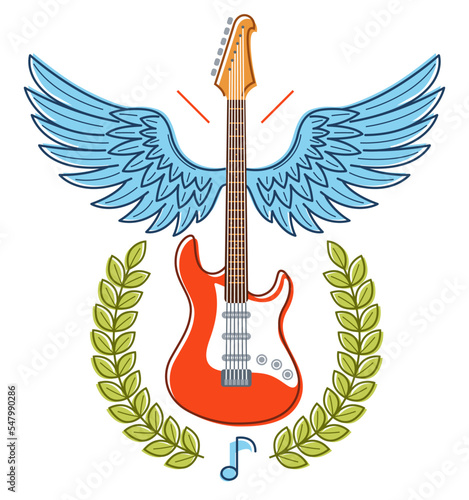 Electric guitar with wings vector emblem for festival or concert or player isolated on white, live music theme, logo for musical recording label, instruments shop.