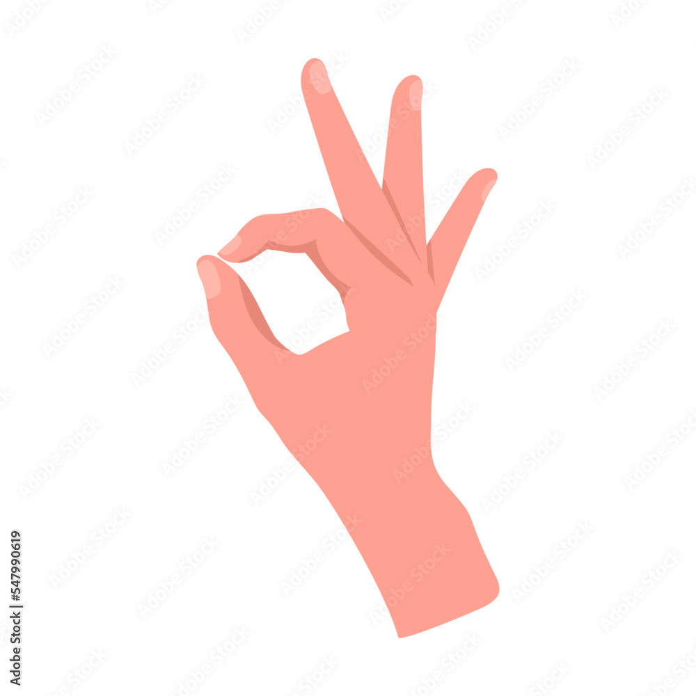 Forefinger and thumb connected OK. Hand gestures cartoon vector illustration. Human palm with finger, showing numbers, direction, symbol and sign. Gesturing concept Forefinger and thumb connected OK. Hand gestures cartoon vector illustration. Human palm with finger, showing numbers, direction, symbol and sign. Gesturing concept