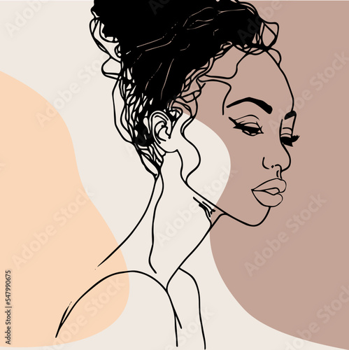 Beautiful black woman, line vector art. Drawing with boho elements colors.Elegant line art. Minimal silhouette. Fashion poster of a feminine face. Abstract human shape.  