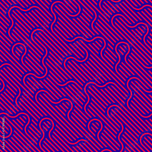 Lined seamless vector pattern with twisted lines, geometric abstract background, stripy net, optical maze, web network. Pink color design.