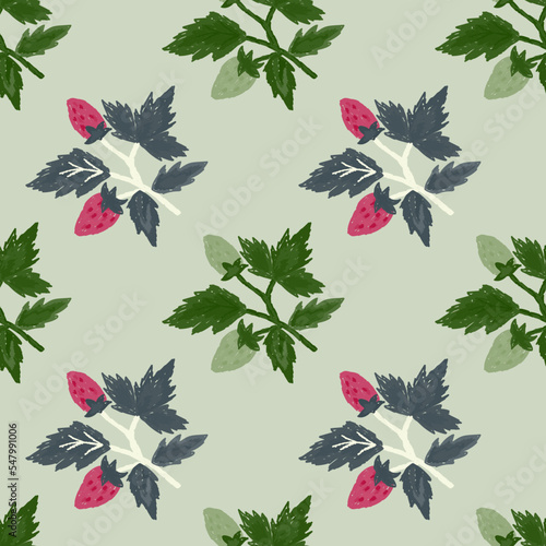 Freehand wild strawberry branch seamless pattern. Hand drawn wild berries floral wallpaper. Strawberry plant endless backdrop.