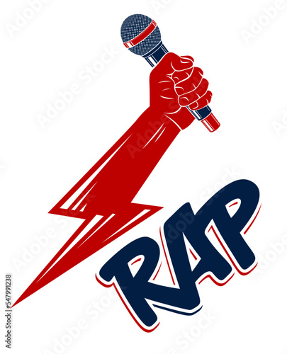 Rap music vector logo or emblem with microphone in hand in a shape of lightning bolt, Hip Hop rhymes festival concert or night club party label, t-shirt print.