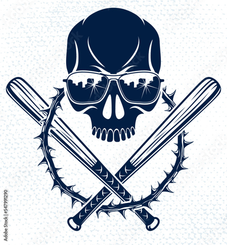 Gang brutal criminal emblem or logo with aggressive skull baseball bats design elements, vector anarchy crime terror retro style, ghetto revolutionary.