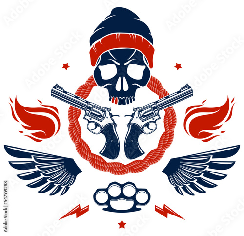 Revolution and Riot wicked emblem or logo with aggressive skull, weapons and different design elements , vector tattoo, anarchy and chaos, rebel partisan and revolutionary.