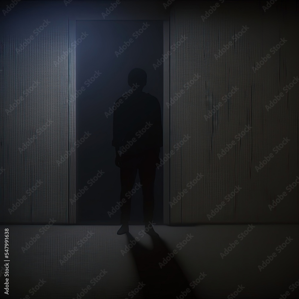 Silhouette of man in dark room. Illustration about depression. Made by AI. Silhouette of man in dark room. Illustration about depression. Made by AI.
