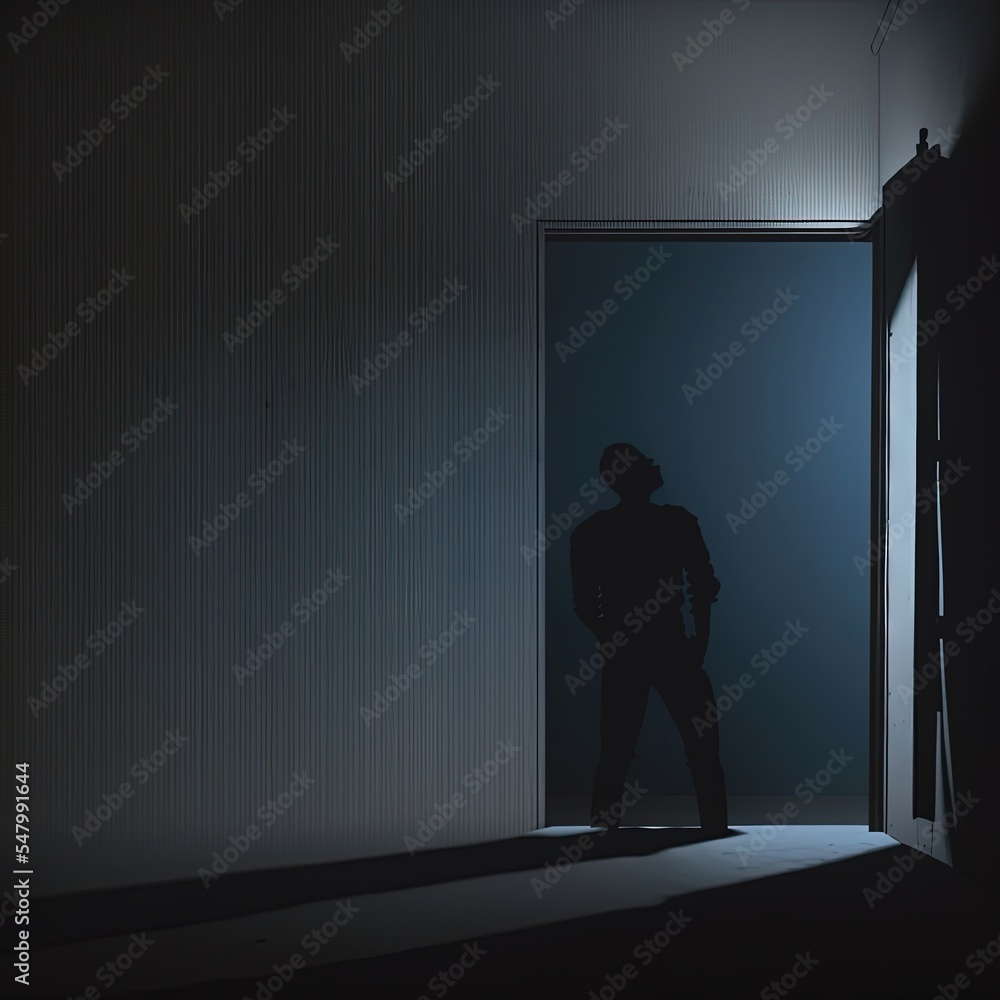 Silhouette of man in dark room. Illustration about depression. Made by AI. Silhouette of man in dark room. Illustration about depression. Made by AI.