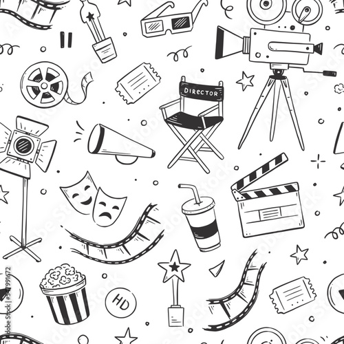 Movie, cinema vector pattern. Doodle hand drawn sketch style movie seamless pattern. Cinema elements for media production, festival, theater background. Vector illustration.