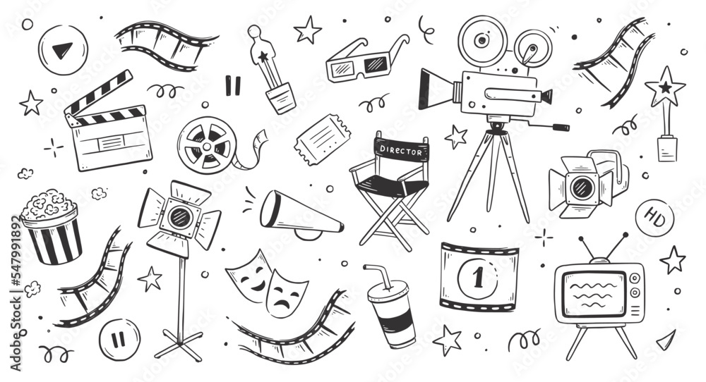 Cinema doodle, movie background. Hand drawn sketch film, cinema element design. Clapperboard, popcorn, film tape doodle vector illustration.