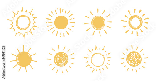Doodle sun sketch illustration. Hand drawn cute orange sun set. Scribble doodle children drawn style. Vector illustration