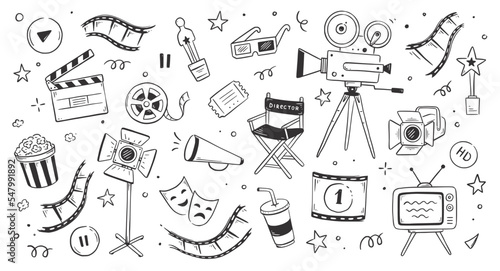 Cinema doodle, movie background. Hand drawn sketch film, cinema element design. Clapperboard, popcorn, film tape doodle vector illustration.