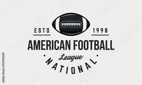 American Football league logo. Vintage football logo with ball. American Football Ball. Trendy retro logo. Vintage poster with text and ball silhouette. Vector illustration