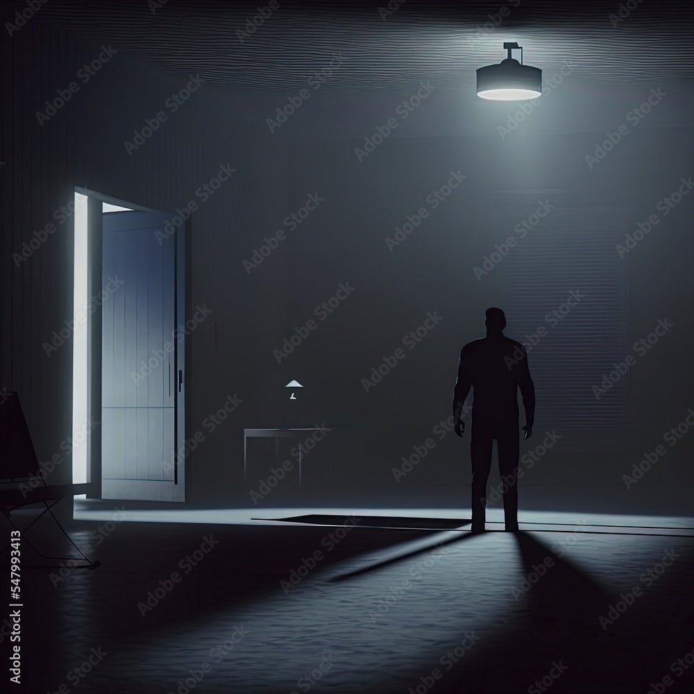 Silhouette of man in dark room. Illustration about depression. Made by AI. Silhouette of man in dark room. Illustration about depression. Made by AI.