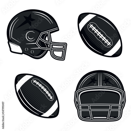 American football icons isolated on white background. American football ball and helmet icons. Vintage design elements for logo, badges, banners, labels. Vector illustration