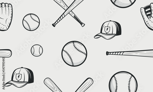Baseball seamless pattern. Baseball background. Vintage baseball icons isolated on white background. Vector illustration