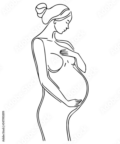 Pregnant woman, elegant outline vector art. Pregnancy illustration. Isolated mother love. Sketch of happy woman carrying her baby. Maternity concept. Beautiful design. Continuous line of love.