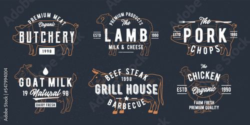 Farm animals logo set. Butchery, Grill, Meat, Dairy logos. Cow, Goat, Chicken, Pig, Lamb silhouettes. Retro print. Vintage poster template. Vector Illustration