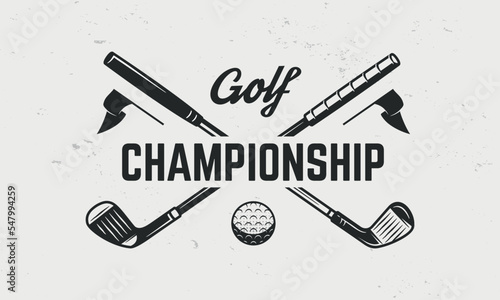 Golf championship logo template. Golf logo. Crossed golf clubs with ball and flags isolated on white background. Vector emblem