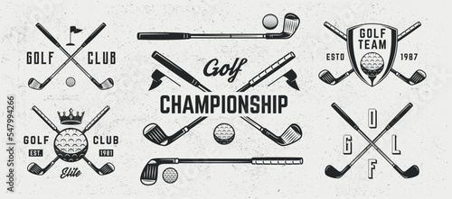 Golf logo set. 4 Golf emblems with Golf clubs and balls icons. Print for t-shirt, typography. Emblem, poster templates. Vector illustration
