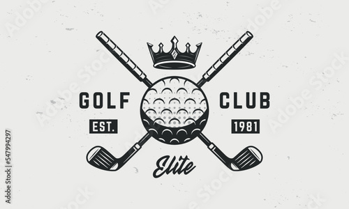 Golf club logo template. Golf logo. Crossed golf clubs with ball and crown isolated on white background. Vector emblem