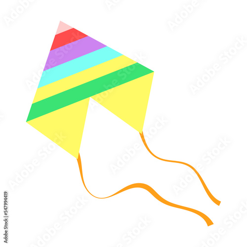 Flying kite with tales and ornaments. Toy, wind, festival concept. Colorful flying wind kite. Cartoon vector illustration