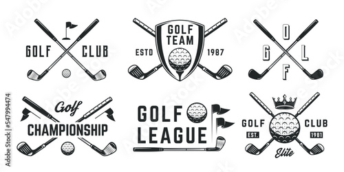 Golf logo set. 6 golf emblems with golf club, ball, crown and flag icons. Hipster Design. Emblem, poster templates. Vector illustration