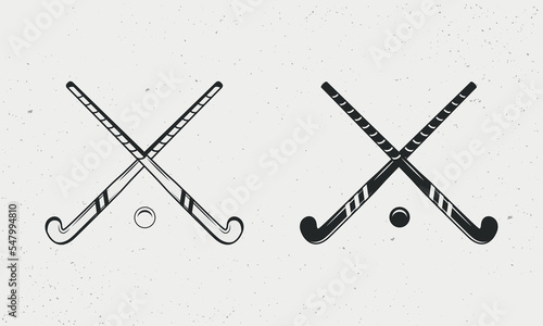 Ground, Grass Hockey icons isolated on white background. Grass Hockey sticks silhouettes. Vintage design elements for logo, badges, banners, labels. Vector illustration