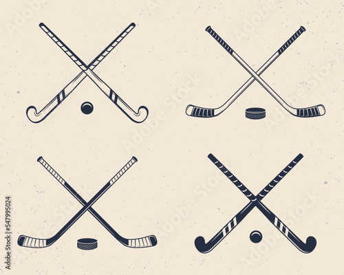 Ice and Gross Hockey sticks. Crossed Ground hockey cues. Ice Hockey Cues. Hockey icons. Vector illustration
