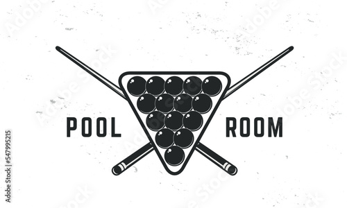 Pool Room logo template. Billiard logo. crossed billiard cues with balls isolated on white background. Vector emblem