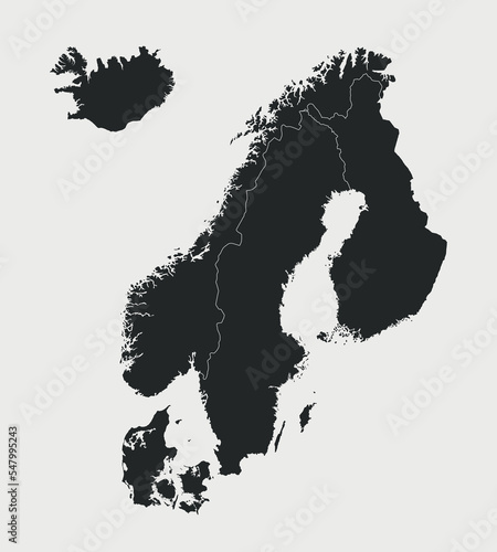 Sweden, Iceland, Norway, Finland, Denmark, Finland map isolated on white background. Scandinavia map. Vector illustration	