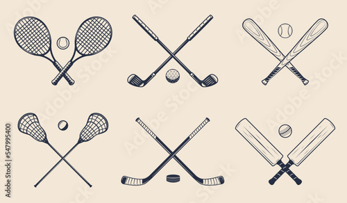 Sport equipments set. Tennis rackets, Golf clubs, Baseball bats, Lacrosse sticks, Hockey cues, Cricket bats. Sport icons for logo, label, poster, emblem template. Vector illustration