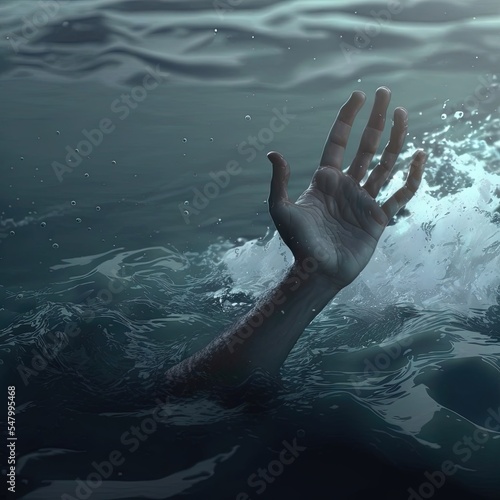 Closeup of a hand in the sea. . Illustration about depression. Made by AI.