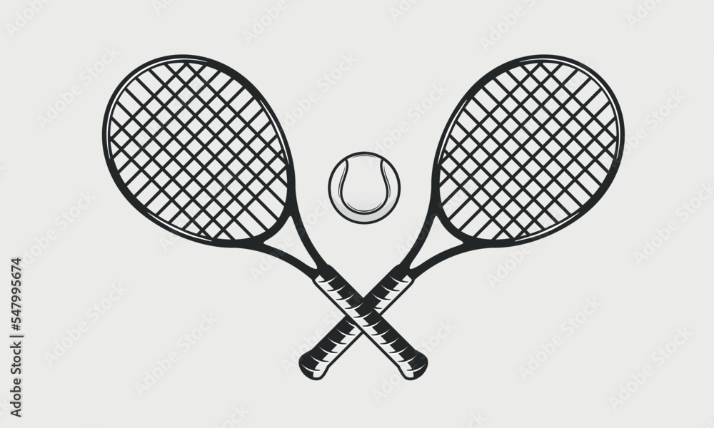 Tennis rackets and ball silhouettes isolated on white background
