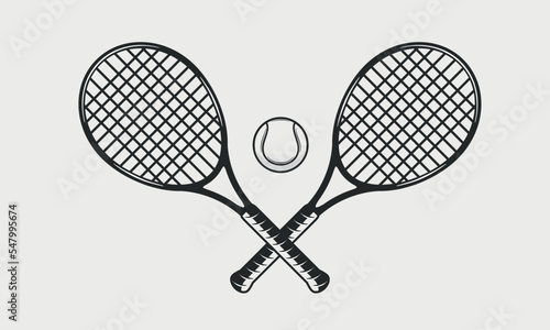 Tennis rackets and ball silhouettes isolated on white background. Crossed Tennis rackets. Vintage design elements for logo, badges, banners, labels. Vector illustration
