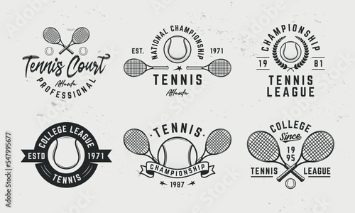 Tennis logo set. 6 Tennis emblems with Rackets and balls icons. Hipster Design. Emblem, poster templates. Vector illustration
