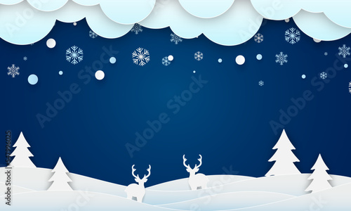 Merry Christmas and happy new year papercut concept. Christmas and with snowflakes fir trees, stars, deers paper cut concept on blue background. Vector illustrator