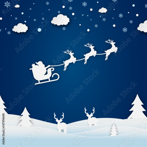 Merry Christmas and happy new year papercut concept. Christmas and with Santa's sleigh flying, snowflakes, fir trees, stars, deers paper cut concept on blue background. Vector illustration © Kowit