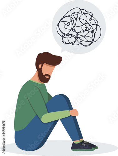 Man with confused thoughts sitting on the floor