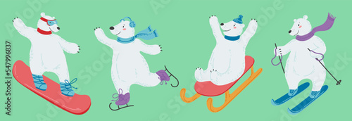 A set of white polar bears who are engaged in winter sports. Winter activities, skiing, sledding, skating and snowboarding. Baby vector illustration in cute flat style.