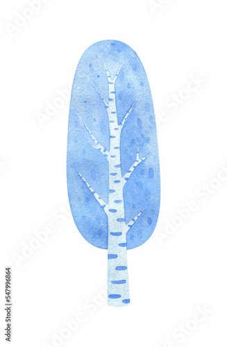 Winter tree watercolor clipart. Illustration of a deciduous birch in the snow. A plant for the winter landscape of the park and forest. Isolated image of a blue tree, hand-painted
